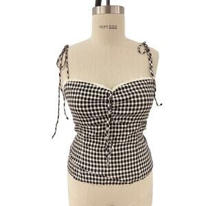 Reformation Larry Tank Top Dainty Checkered Lace Tie Sleeve 12 Black White